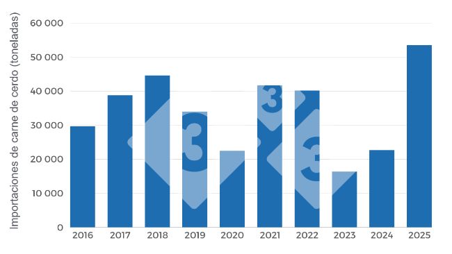 Gr&aacute;fico 3. Evoluci&oacute;n anual&nbsp;de toneladas importadas (peso producto) periodo 2016-2025. Elaboraci&oacute;n propia con datos de la Secretar&iacute;a de Agricultura, Ganader&iacute;a y Pesca (SAGYP).
