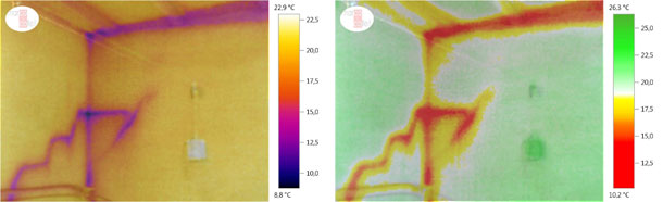 温度记录图和数字图像的叠加图，用于分析冬季畜舍表面温差。我们可以看到畜舍顶梁、墙面和舍顶接合处的温度降低及观察到墙体的裂缝。