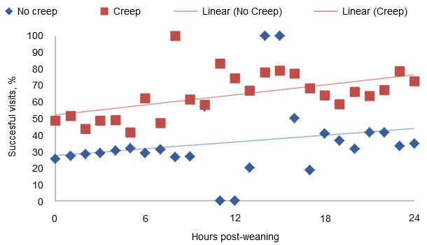 Successful feeder visits of piglets with and without access to creep feed in lactation. The variation at night is caused by a low number of feeder visits