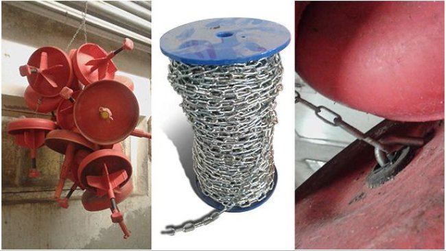 Group of pan feeders hanging from a chain