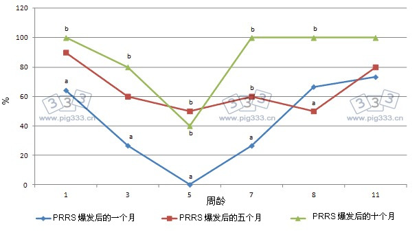 PCV2血清转化。在1,3,5,7,9周龄的猪中，疫病爆发后的1,5,10 个月，血清阳性的比列（采用免疫过氧化物酶单层试验法，稀释比例为1:500）,a和b表示在血清转化比例在统计学上的显著差异（血清采自1,3,5,7,9周龄的猪）（P<0.05）。