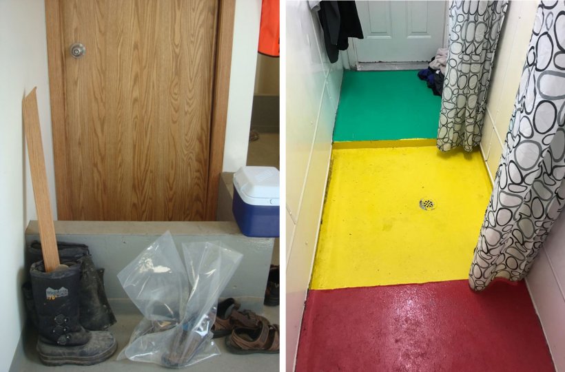 Left: Separation of zones within a farm. The small wall reminds workers of the mandatory shoe change point between the entrance of the farm (dirty) and the shower area. Picture courtesy Dr. Tim Snider. Right: Example of separation of zones within shower area. Red = Dirty Zone; Yellow = Intermediate Zone; Green = Clean Zone. Picture courtesy of Mike Luyks, Kaslo Bay, PIC Boar Stud, Canada.
