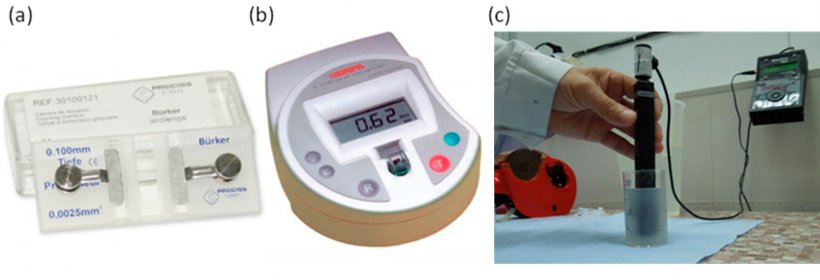 图1.测量精液浓度的设备。（a）血球计数仪：（a）用于手动细胞计数的血细胞计数盘（Bürker Chamber）。（b）色度计：通过计算吸光度进行电子测量。（c）直接测定稀释精液中精子浓度。