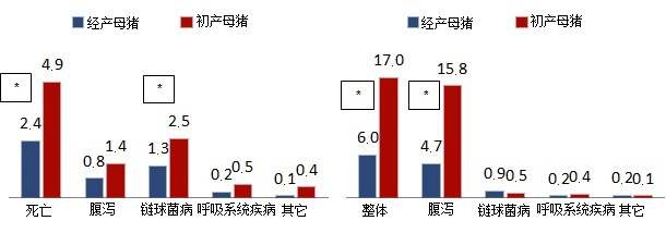 初产母猪和经产母猪死亡率(%)与治疗动物比例 (%) .