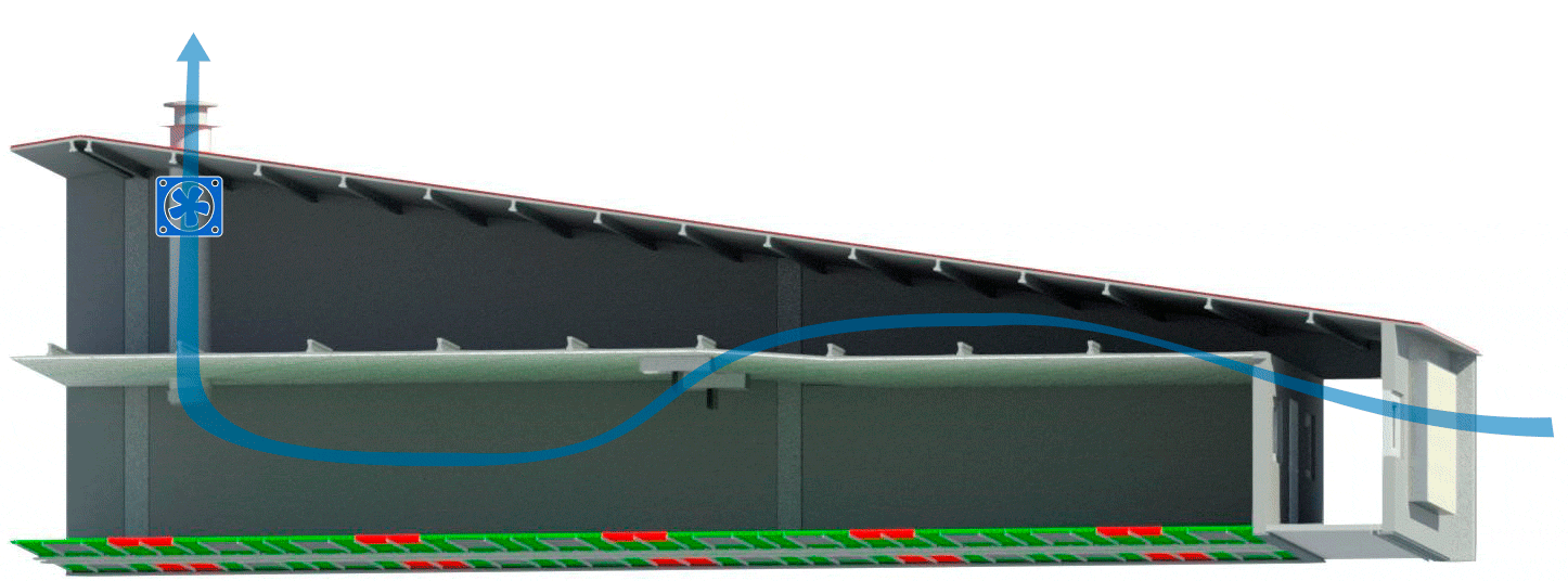 图3：低压通风：分娩舍一侧进气口朝向充气空间。天花板进风口和风扇驱动排气。
