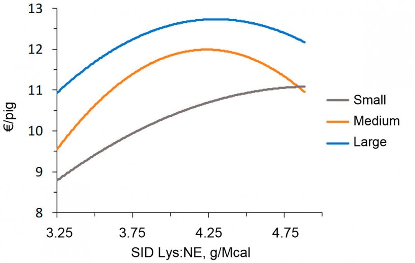 图2.育肥猪（28-63 kg LW）中赖氨酸：能量比的影响按其初始体重分类的经济模型（IOFFC）（摘自Aymerich等人，2020）