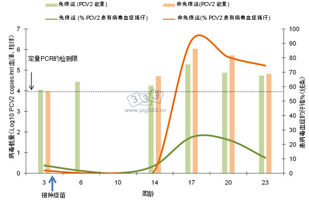 患病毒血症的仔猪百分百（线条）和患病毒血症仔猪的平均病毒数（柱体）对比值。两项指标都是通过对3周龄仔猪接种疫苗和未接种疫苗的猪群实施定量聚合酶链反应测得的。