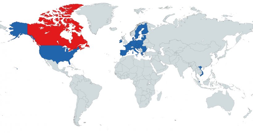 图1：与加拿大签订ASF区域协议的国家（越南、新加坡、欧盟和美国）。