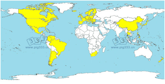 已诊断出PCV2-SD的国家（黄色）