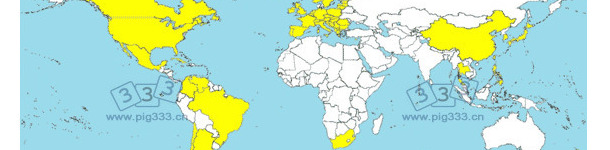 已诊断出PCV2-SD的国家（黄色）