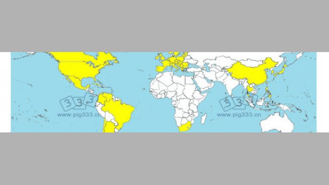 已诊断出PCV2-SD的国家（黄色）